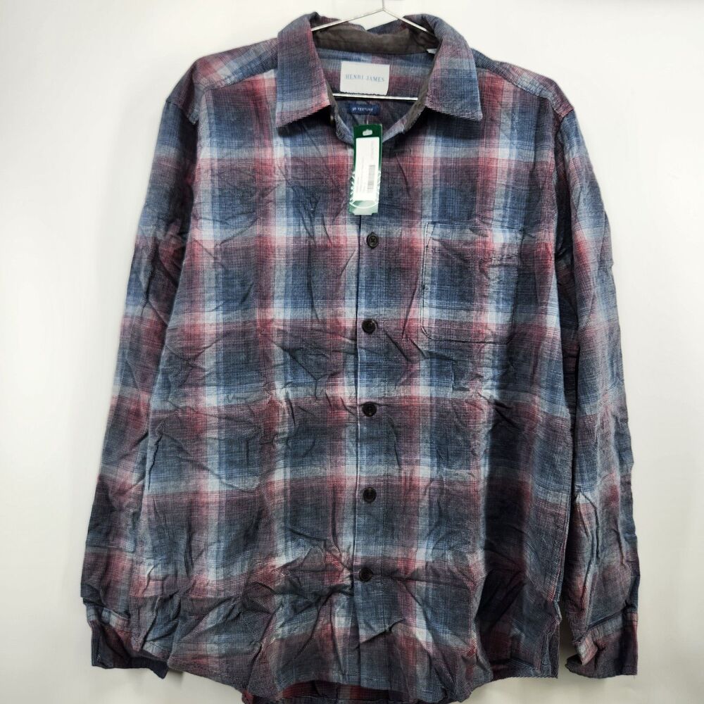 Henri James Navy Large Dobby Corduroy Plaid Shirt NWT‎